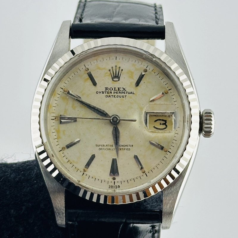Rolex Datejust Silver Stick / Has Spots, Faded Dial on Generic Leather Band Ref. 6605