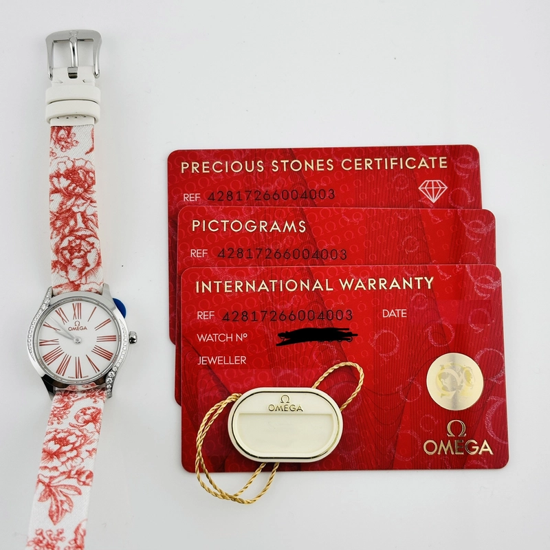 Omega De Ville Mini Tr√©sor Quartz White / Pink Roman Markers Dial on Fabric Strap Ref. 428.17.26.60.04.003 Card Open Date view 6