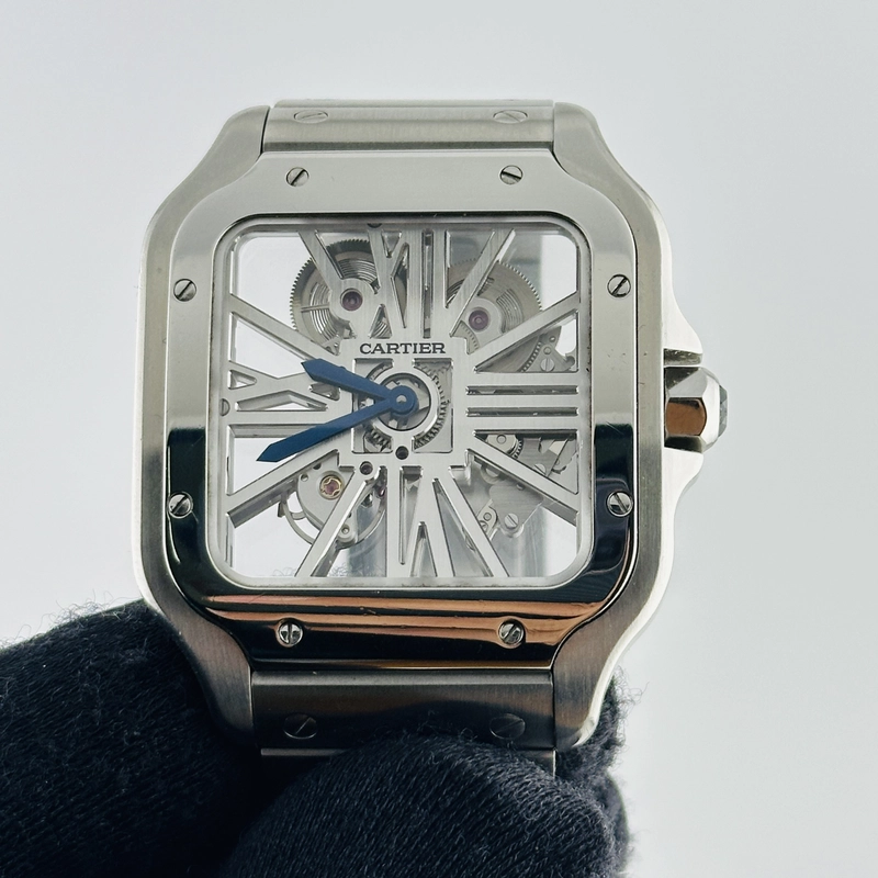 Cartier Santos Skeleton Skeleton Dial on Stainless Steel Bracelet Ref. 4109 Complete Open Date view 3