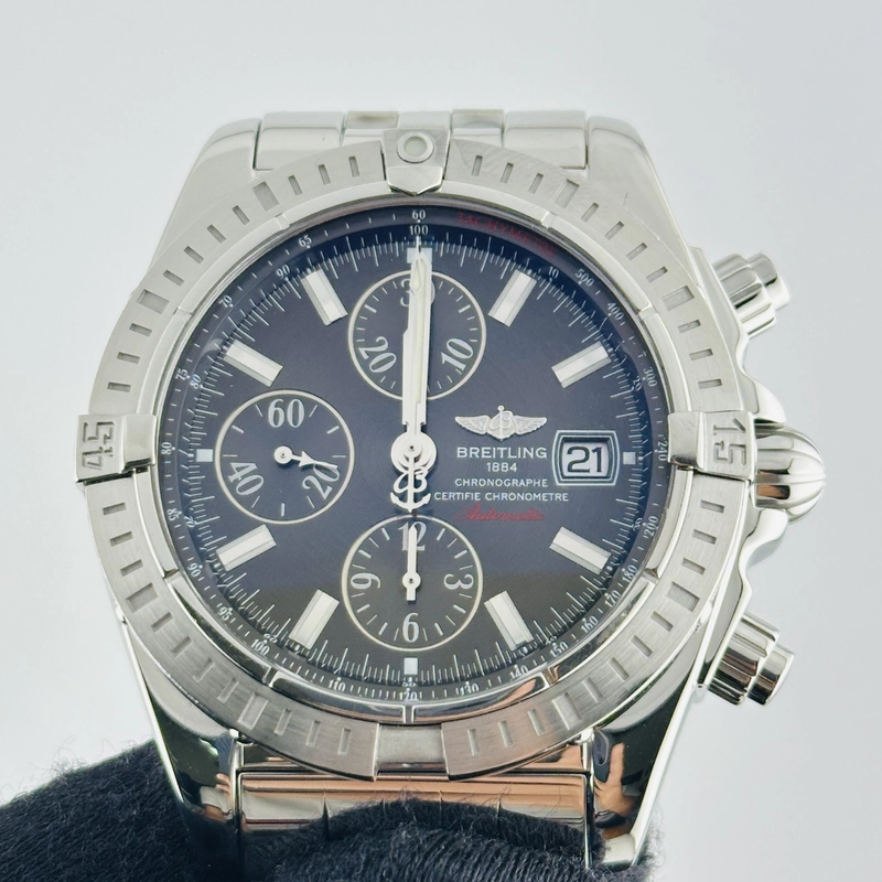 Breitling Chronomat Evolution Grey Dial on Stainless Steel Bracelet Ref. A13356 / A156M12PA Papers 2009 view 3