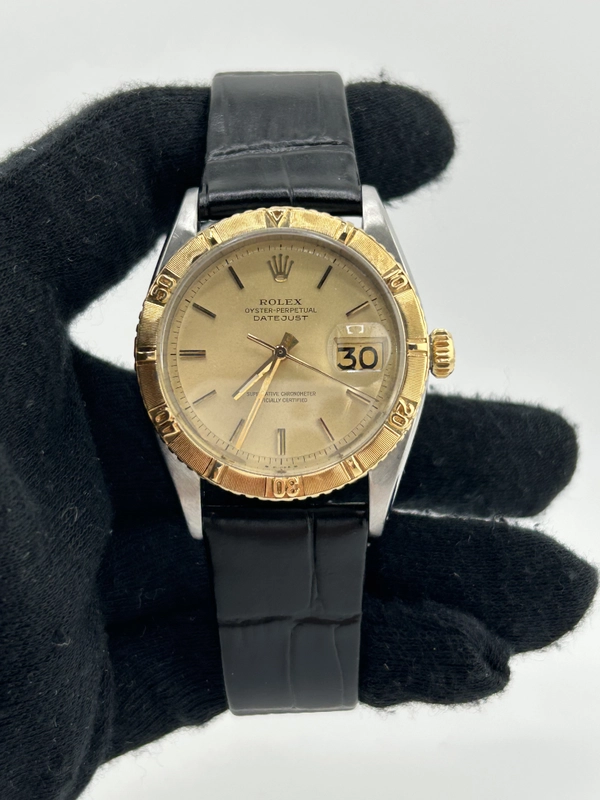 Rolex Datejust Turn-o-Graph Champagne Stick Dial on Generic Black Leather Band Ref. 6609 1958 view 2