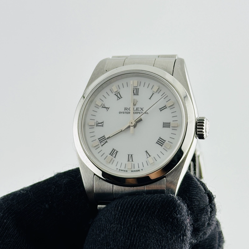 Rolex Oyster Perpetual White Roman Dial on Oyster Bracelet Ref. 67480 Papers 1997 view 3