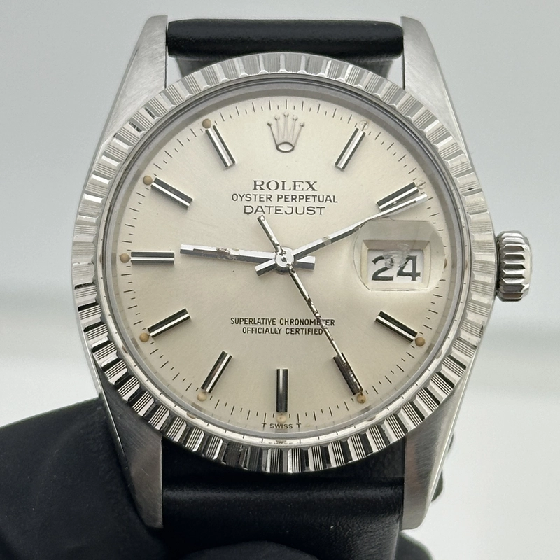 Rolex Datejust Silver Stick Dial on Generic Black Leather Strap Ref. 16030 1981 view 2