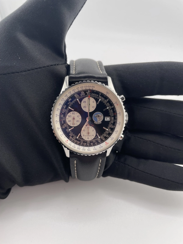 Breitling Old Navitimer Black Dial on Black Leather Strap Ref. A13322 Papers 2001 view 3