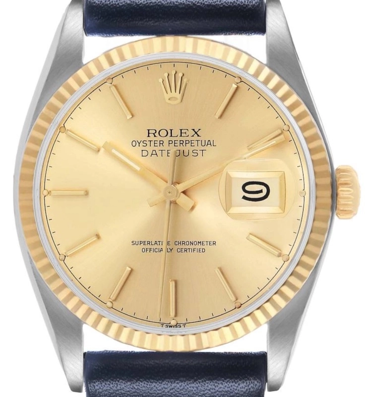 Rolex Datejust 36 Champagne Stick Dial on Generic Black Leather Band Ref. 16013 1981
