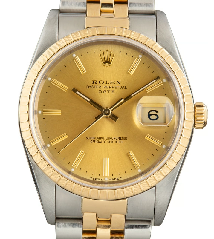 Rolex Oyster Perpetual Date Champagne Stick Dial on 2 Tone Jubilee D Link Bracelet Ref. 15223 1989