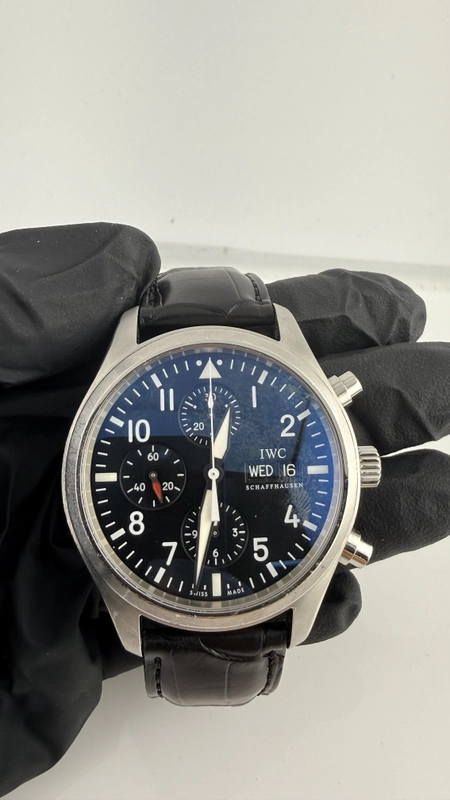 Iwc Pilot Spitfire Carbon Arabic Numeral Dial on Black Calfskin Band. Ref. IW371701 Manuals Only view 2