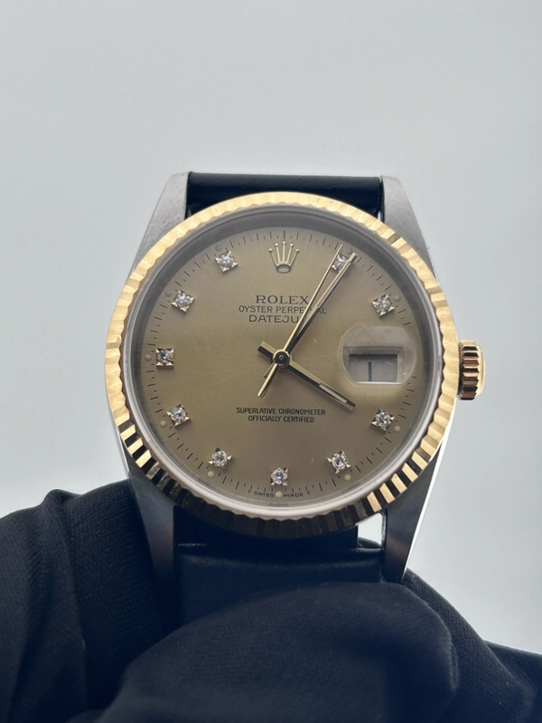 Rolex Datejust 36 Champagne Diamond Dial on Generic Black Leather Band Ref. 16233 view 2