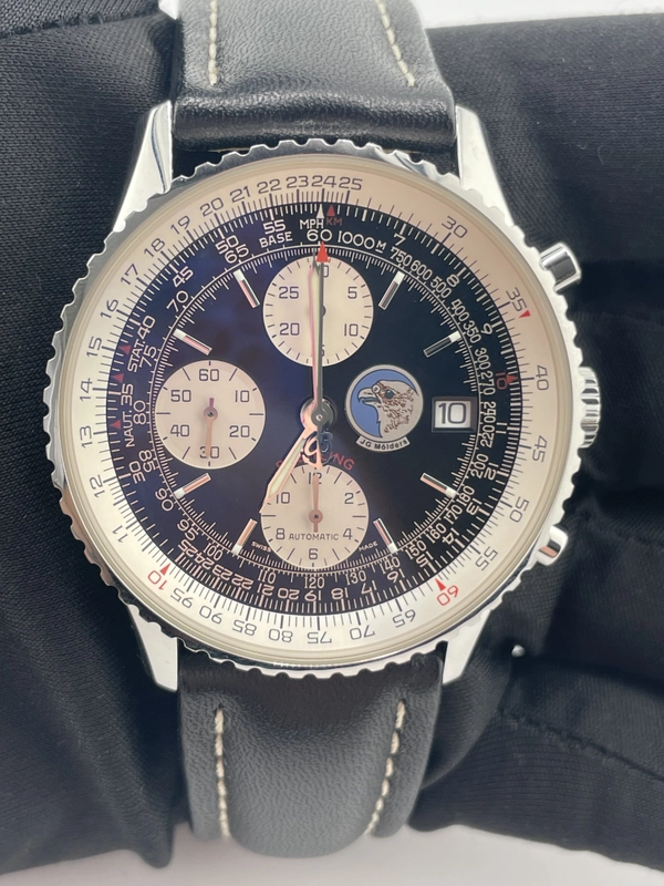 Breitling Old Navitimer Black Dial on Black Leather Strap Ref. A13322 Papers 2001 view 2