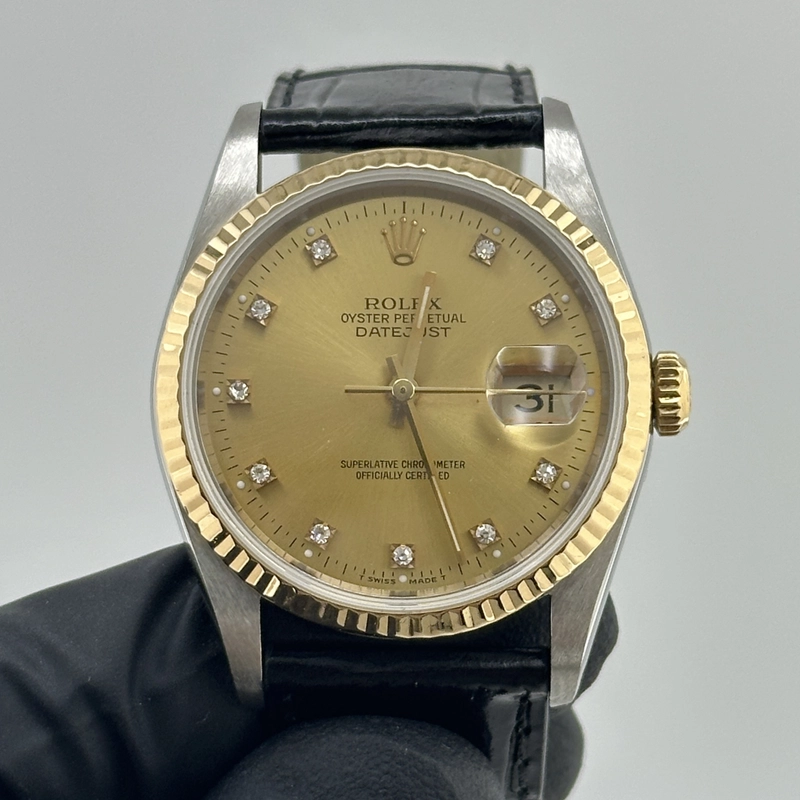 Rolex Datejust Champagne Diamond Factory Dial on Generic Black Leather Band Ref. 16233 1991 view 2