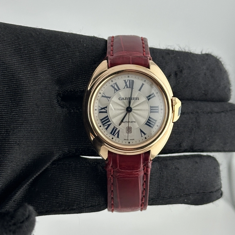Cartier Cle Silver Roman Dial on Maroon Leather Ref. 3947/WGCL0010 Complete 2016 view 2