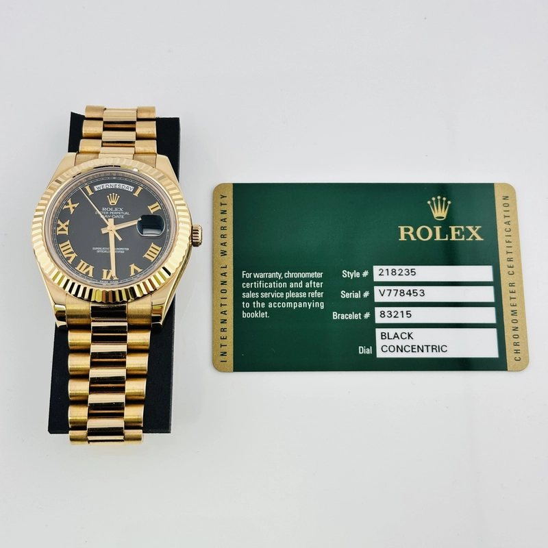 Rolex Day-Date Black Roman Dial on President Bracelet Ref. 218235 Card 2011 view 7