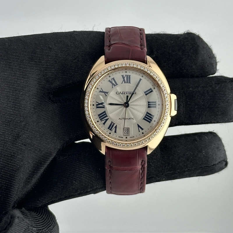Cartier Cle Silver Roman Dial on Maroon Leather Ref. 3854 Papers 2019 view 2