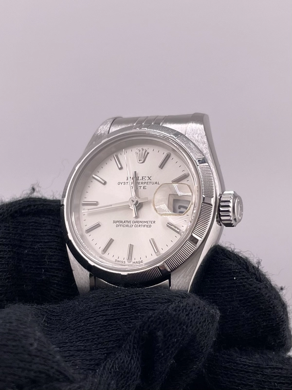 Rolex Oyster Perpetual Date Silver Stick Dial on Jubilee Ref. 79190 Papers Open Date view 3