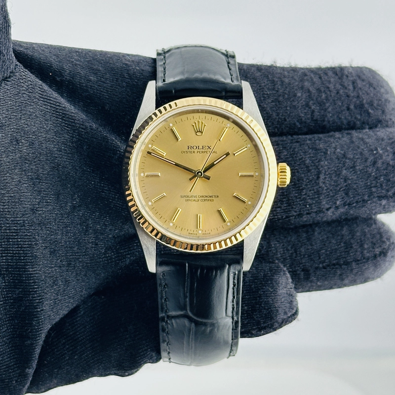 Rolex Oyster Perpetual Champagne Stick Dial on Generic Leather Band Ref. 14233 2000 view 2