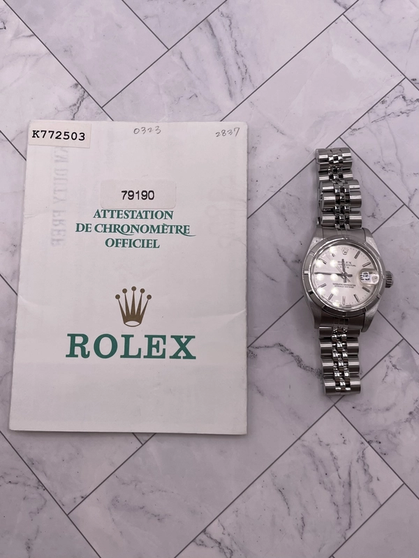 Rolex Oyster Perpetual Date Silver Stick Dial on Jubilee Ref. 79190 Papers Open Date view 7