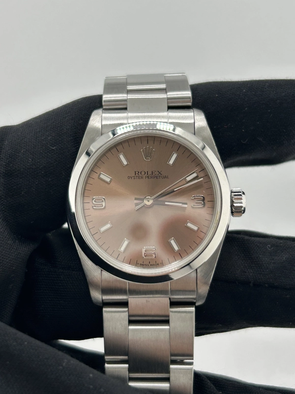 Rolex Oyster Perpetual Salmon / Arabic Numerals Dial on Oyster Bracelet Ref. 67480 Papers 1998 view 3