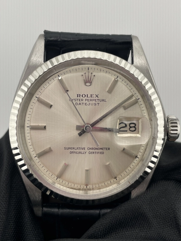 Rolex Datejust Silver Stick Dial on Generic Black Leather Strap Ref. 1601/4 1970