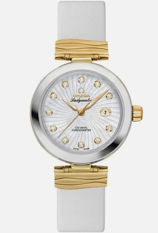 Omega De Ville Ladymatic Supernova Patterned White Mother Of Pearl Dial Set With Diamonds Dial on Leather Ref. 425.22.34.20.55.002 Card Open Date