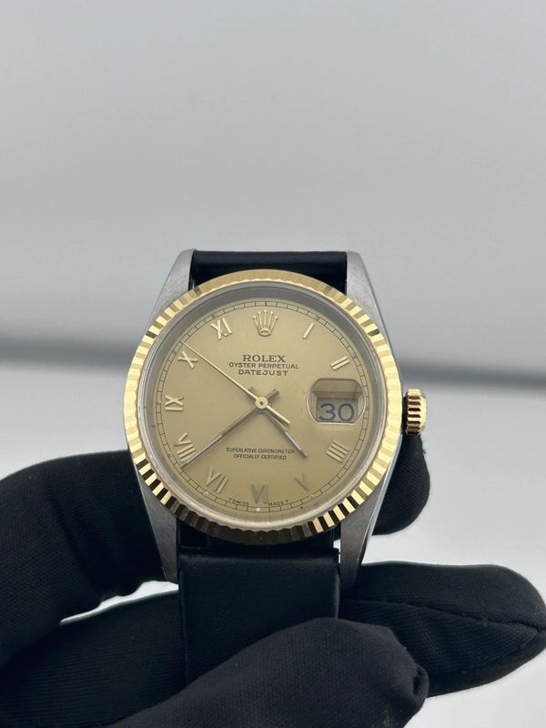 Rolex Datejust 36 Champagne Roman Dial on Generic Black Leather Band Ref. 16233 view 2