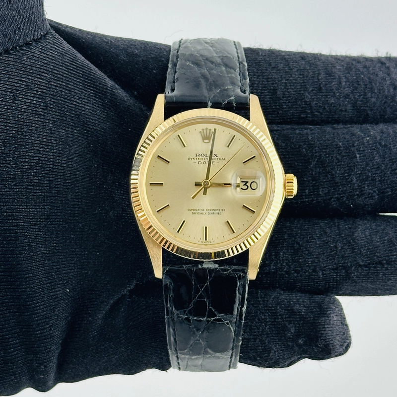 Rolex Oyster Perpetual Date Champagne Stick Dial on Generic Leather Band Ref. 1503