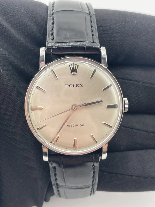 Rolex Precision Silver Stick Dial on Black Leather Strap Ref. 9829 1970 view 2