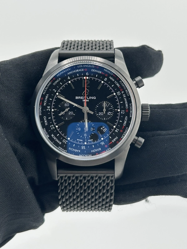 Breitling Transocean Unitime Pilot Black Dial on Stainless Steel Mesh Bracelet Ref. MB0510 Complete 2015 view 2