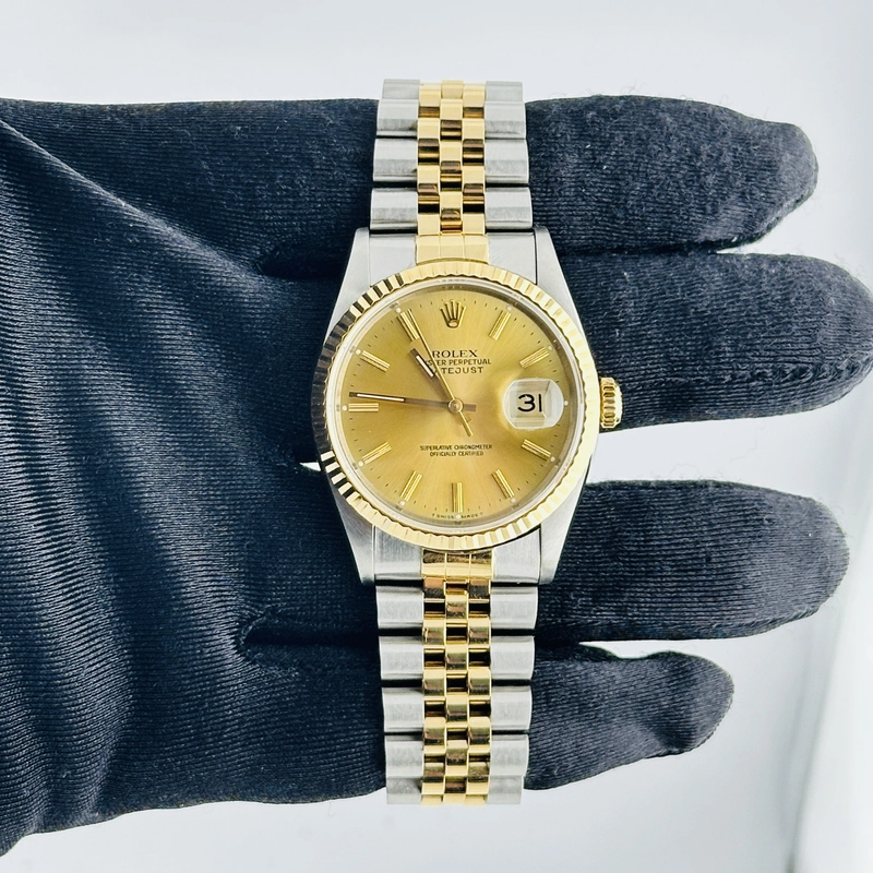 Rolex Datejust Champagne Stick Dial on D Link Jubilee Bracelet Ref. 16233 Papers 1996 view 2