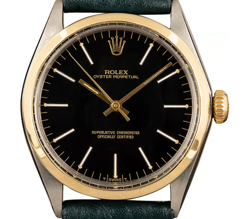 Rolex Oyster Perpetual Black / Gold Stick Sigma Dial on Generic Leather Band Ref. 1002 1978