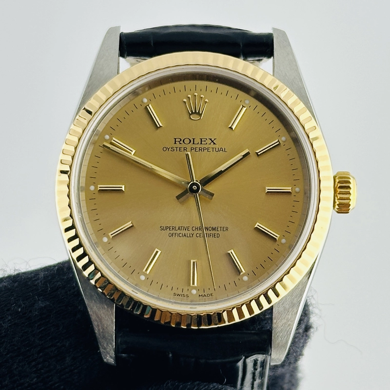 Rolex Oyster Perpetual Champagne Stick Dial on Generic Leather Band Ref. 14233 2000
