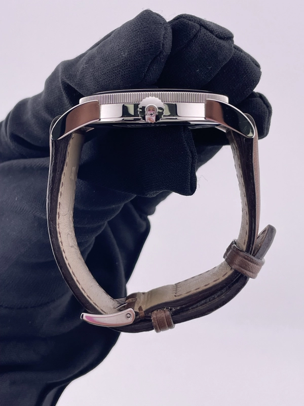 Omega Museum Silver Roman Numerals Dial on Brown Leather Strap Ref. 516.13.41.10.02.001 Complete Open Date view 5