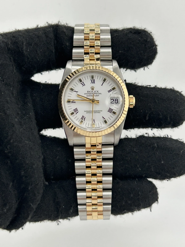 Rolex Datejust 31 White Roman Numerals Dial on 2 Tone Jubilee D Link Bracelet Ref. 68273 1989 view 2