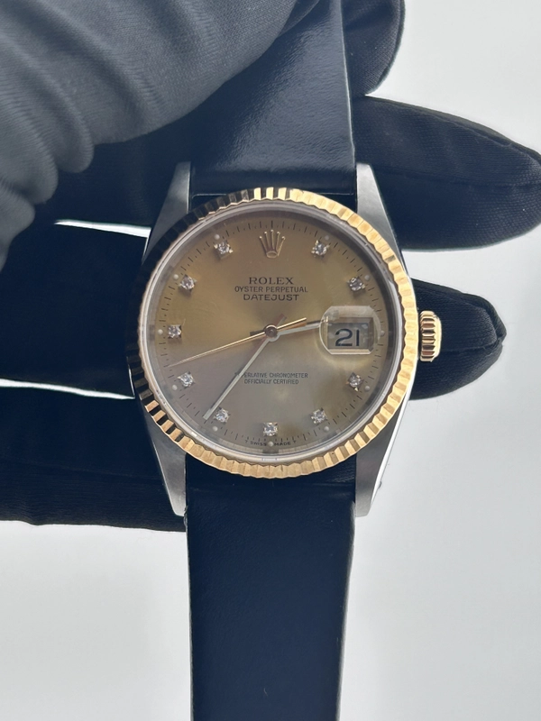 Rolex Datejust 36 Champagne Diamond Dial on Generic Black Leather Band Ref. 16013
