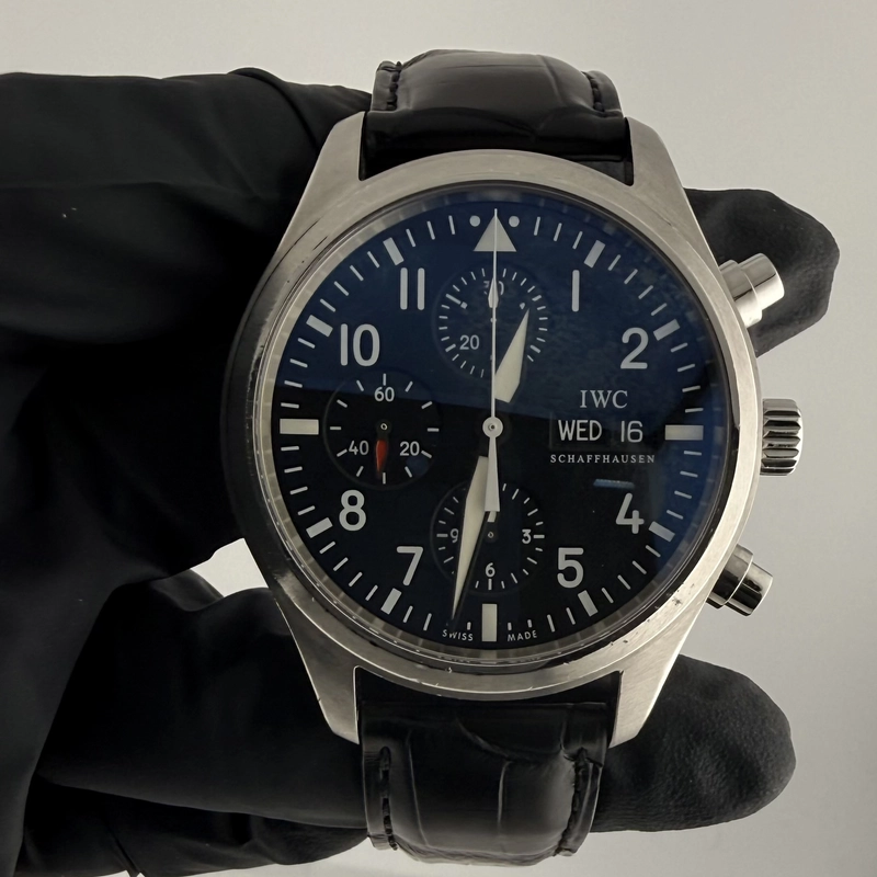 Iwc Pilot Spitfire Carbon Arabic Numeral Dial on Black Calfskin Band. Ref. IW371701 Manuals Only view 3