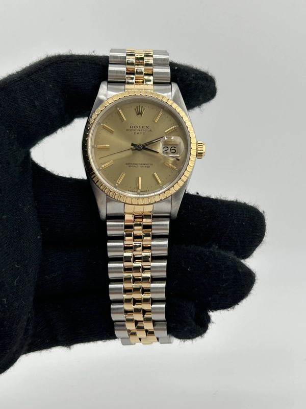 Rolex Oyster Perpetual Date Champagne Stick Dial on 2 Tone Jubilee D Link Bracelet Ref. 15223 1989 view 2