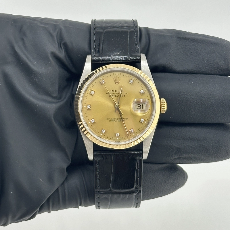 Rolex Datejust Champagne Diamond Factory Dial on Generic Black Leather Band Ref. 16233 1991