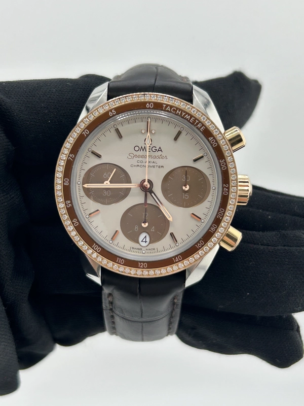 Omega Speedmaster Co-Axial Chronograph Cappuccino Dial on Leather Strap Ref. 324.28.38.50.02.002 Complete 2018 view 2