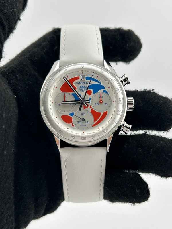 Tag Heuer Carrera Chrono Expo Osaka Silver Dial on White Leather Strap Ref. CBS221C.FC6619 Complete 2025 view 2