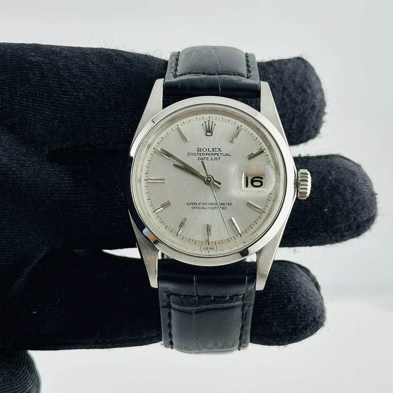 Rolex Datejust Silver Stick Dial on Generic Leather Band Ref. 1601 1970