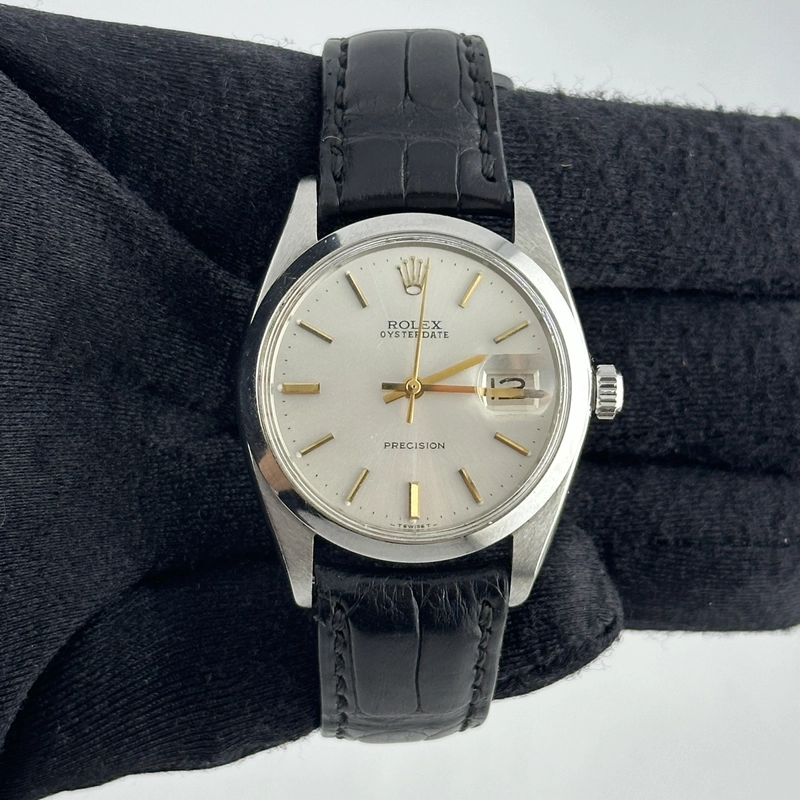 Rolex Oysterdate Precision Silver / Gold Stick Dial on Black Leather Strap Ref. 6694