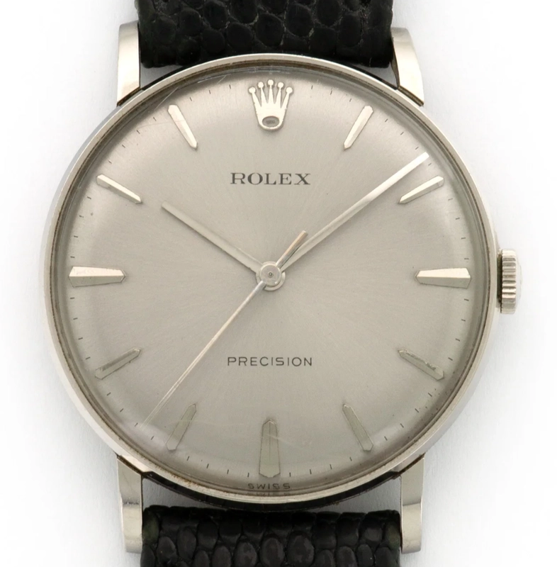 Rolex Precision Silver Stick Dial on Black Leather Strap Ref. 9829 1970