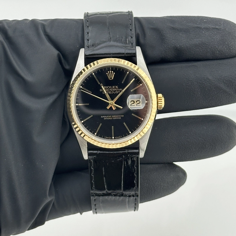 Rolex Datejust Black Stick Dial on Generic Leather Band Ref. 16233 1993 view 2