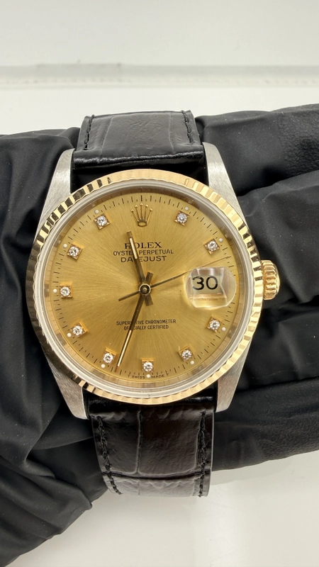 Rolex Datejust Champagne Diamond Factory Dial on Generic Black Leather Band Ref. 16233G 1993