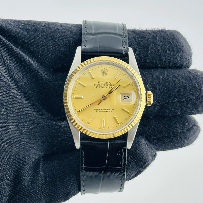 Rolex Datejust Champagne Stick Dial on Generic Leather Band Ref. 16013 1985 view 2