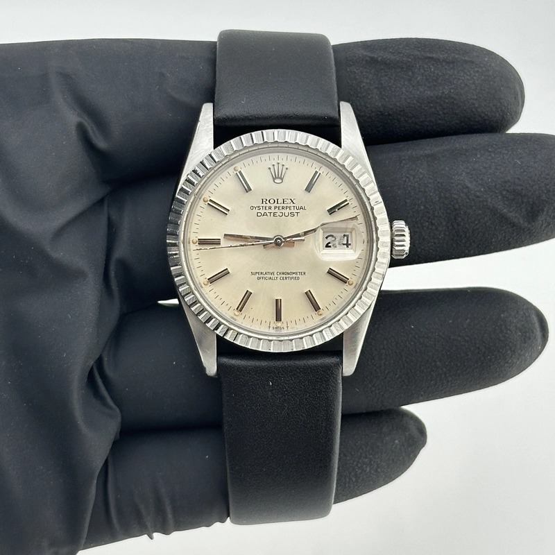 Rolex Datejust Silver Stick Dial on Generic Black Leather Strap Ref. 16030 1981