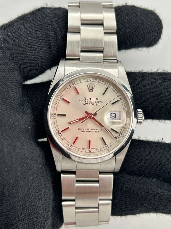 Rolex Datejust 36 Silver Stick Dial on Jubilee Ref. 16200 Papers 2000 view 2