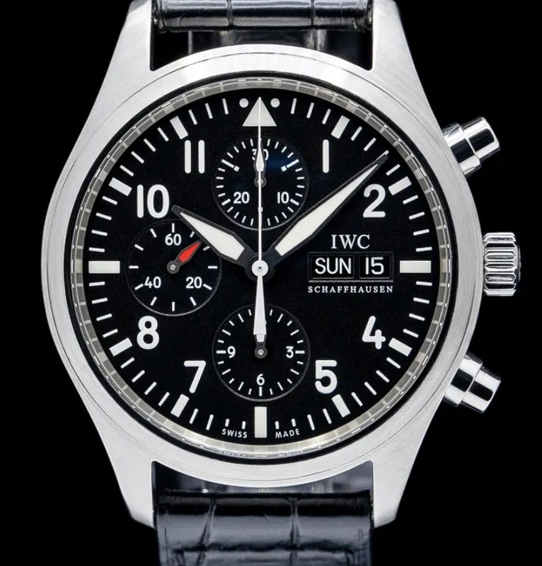 Iwc Pilot Spitfire Carbon Arabic Numeral Dial on Black Calfskin Band. Ref. IW371701 Manuals Only