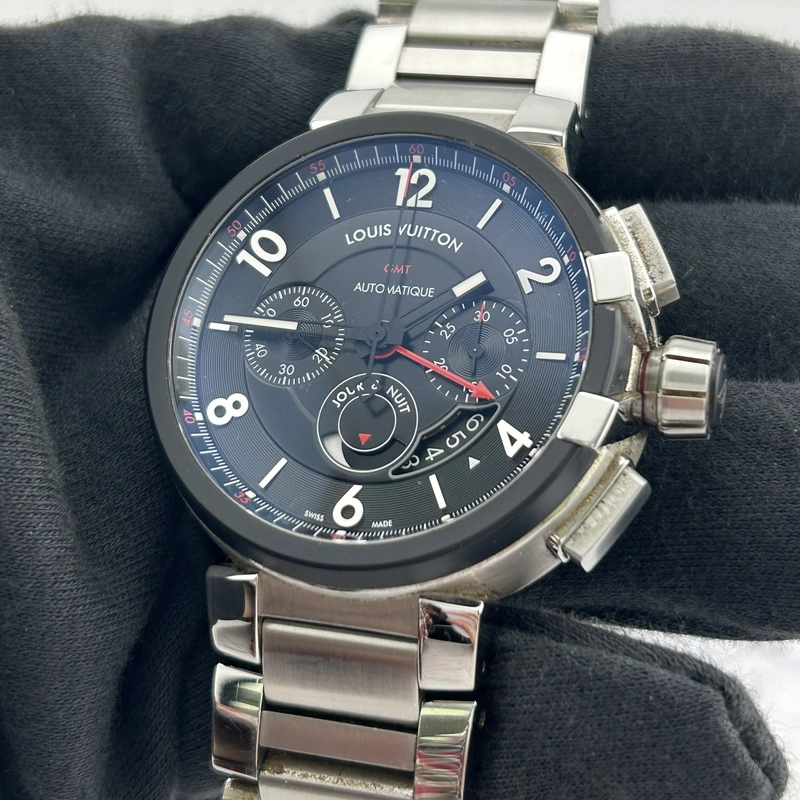 Louis Vuitton Tambour Chronograph GMT Black Dial on Stainless Steel Bracelet Ref. Q1052 Papers 2016 view 3