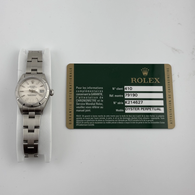 Rolex Oyster Perpetual Date Silver Tapestry Dial on Oyster Ref. 79190 Card 2010 view 4