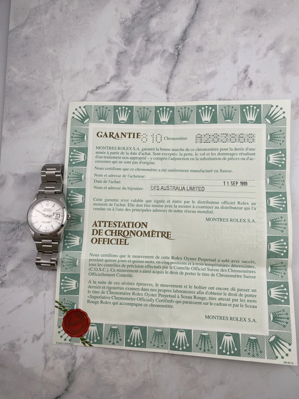 Rolex Datejust 36 Silver Stick Dial on Jubilee Ref. 16200 Papers 1999 view 7